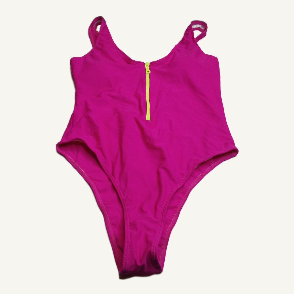 Hot Pink One Piece Swimsuit Women's L - Neon Yellow Zipper Detail NWOT